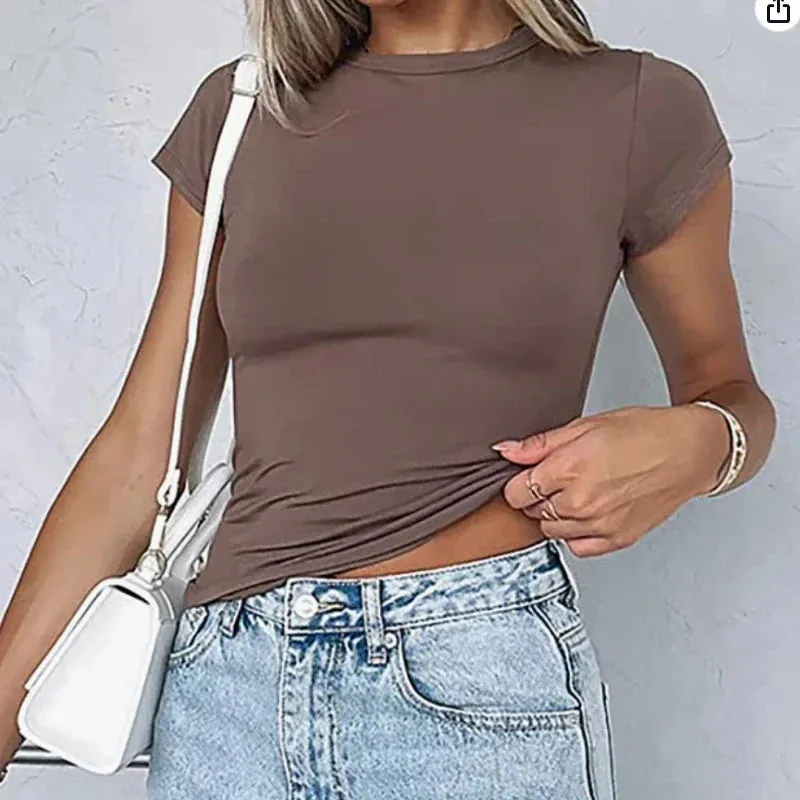 Black Short Sleeve Simple Stretch Slim Pullovers Women's Crop Top T-shirt for Summer 2024