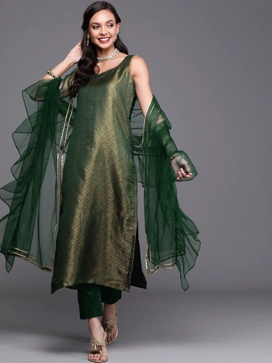 Bottle Green Kurta with Pants and Net Dupatta