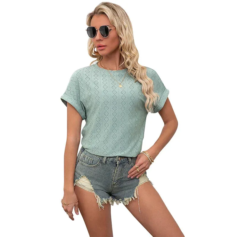 Summer Casual Knit Solid Color Round Neck Geometric Hem Sleeve Fashion T-shirt